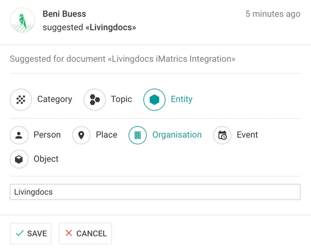 Accepted suggestions result in a new tag stored at iMatrics<br>