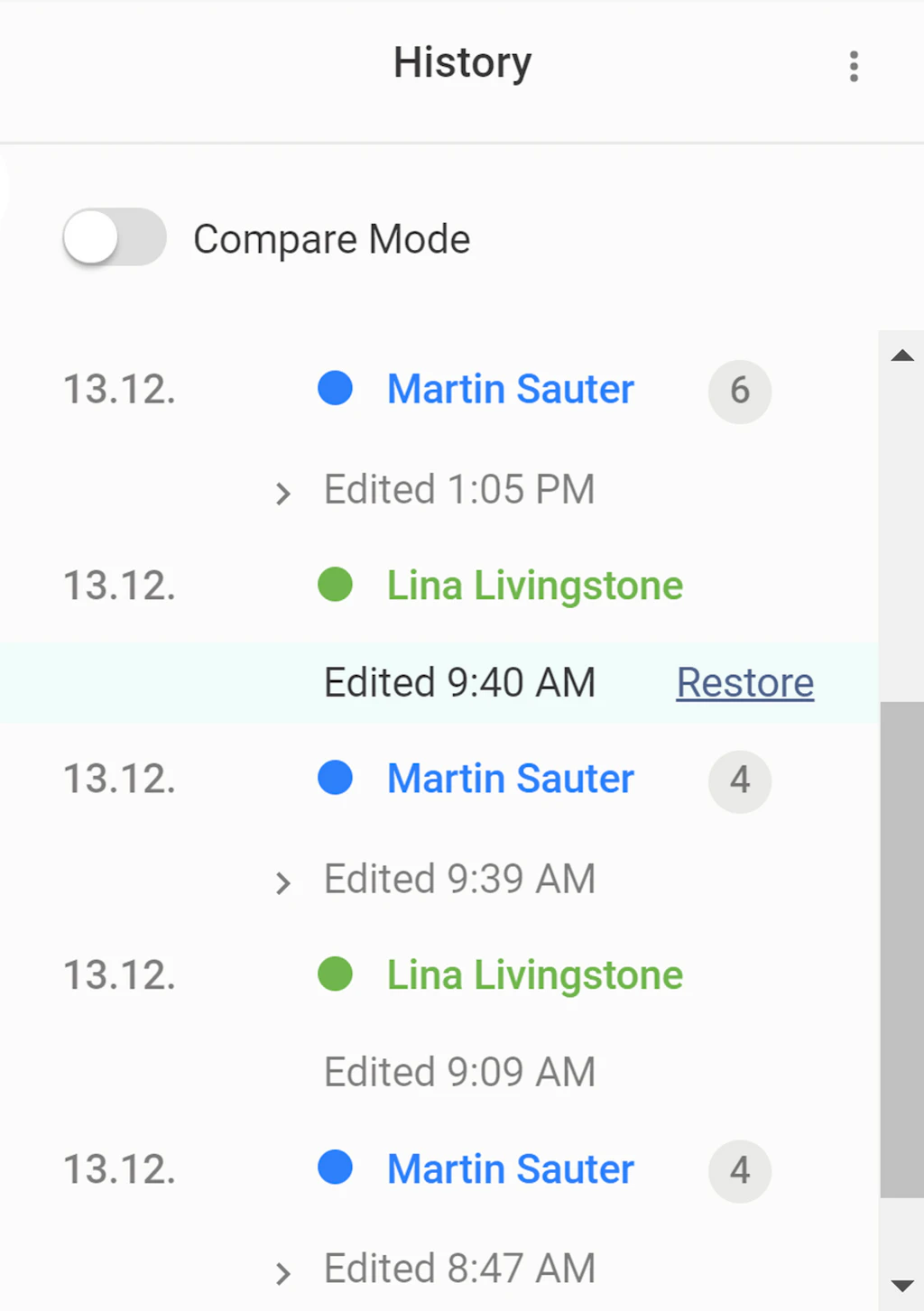 To revert changes by any user, simply click on the «Restore» link.