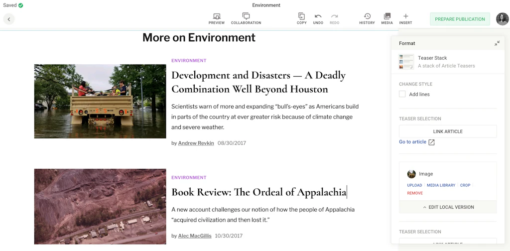 The sidebar includes all the options to edit the teaser pictures, while text changes can be made directly inline.