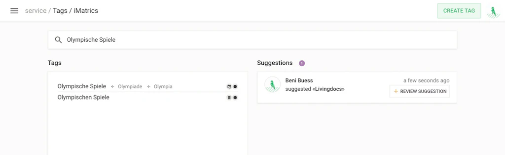Within Livingdocs expert users can search, add and edit tags and suggestions<br>