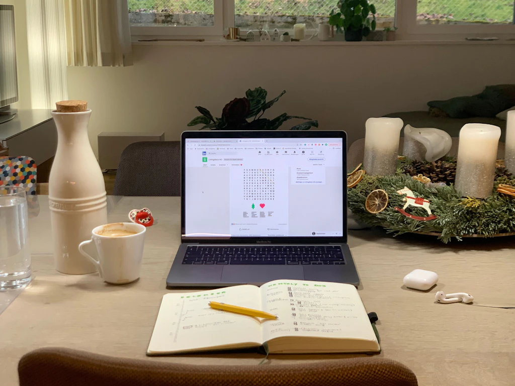 Céline's (family) home office at the living room table.