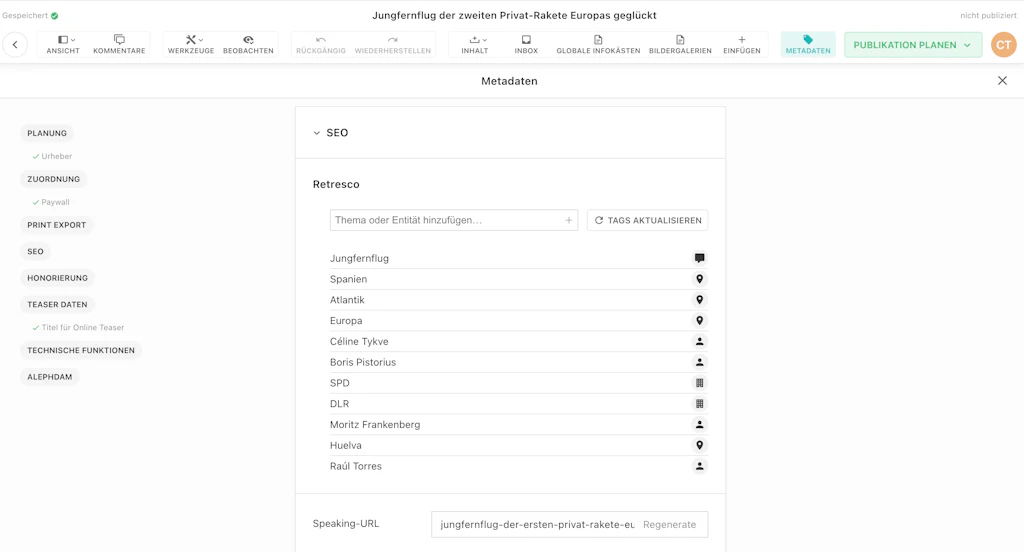 The Retresco × Livingdocs interaction in the NPG environment