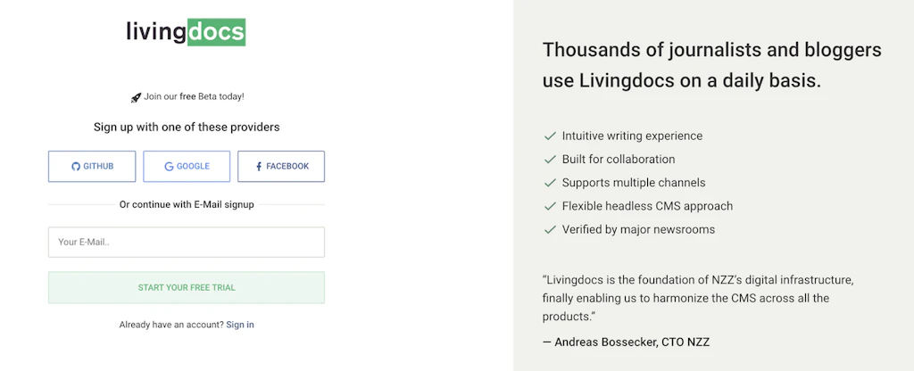 Sign up here: <a href="/signup">https://edit.livingdocs.io/signup</a>